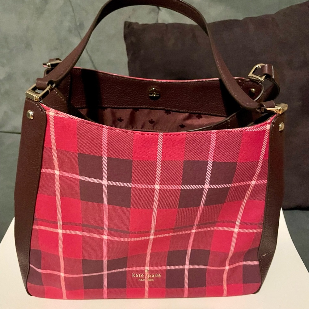 Kate Spade Leila Pink and burgundy Plaid Shoulder Bag. 
Only worn once.